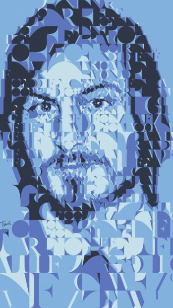 Abstract portrait of Steve Jobs made with blue typography shapes