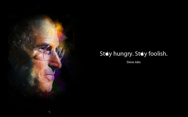 Colorful artistic portrait of Steve Jobs with an inspiring stay hungry stay foolish quote