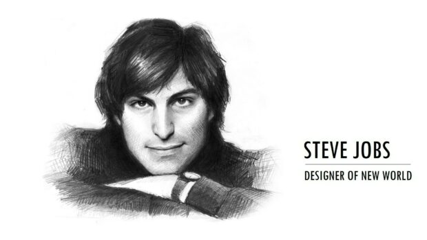 A detailed sketch of Steve Jobs showing his face and hand resting with a watch on wrist