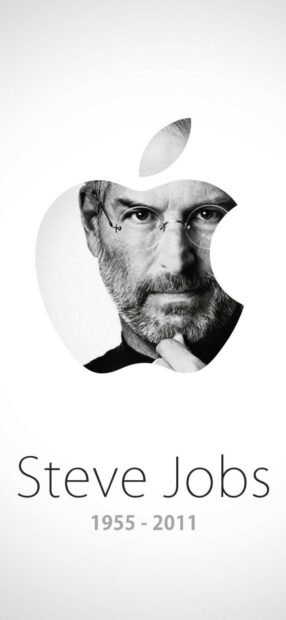 Steve Jobs with thoughtful expression is featured inside the Apple logo design for Steve Jobs