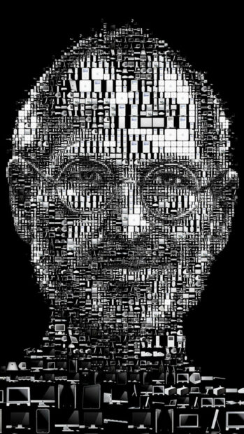 A detailed face of Steve Jobs composed of multiple Apple devices arranged artistically