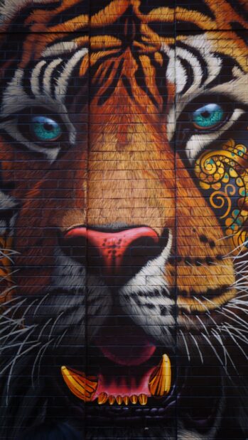 Vibrant tiger face street art with intricate details and blue eyes