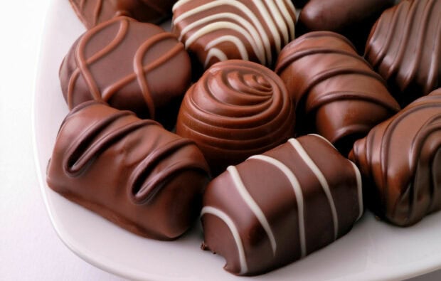 Assorted chocolates with creamy textures and swirls on a white plate sweets