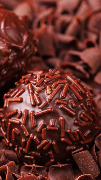 Close up of chocolate sprinkles on a sweet chocolate candy ball surrounded by chocolate flakes