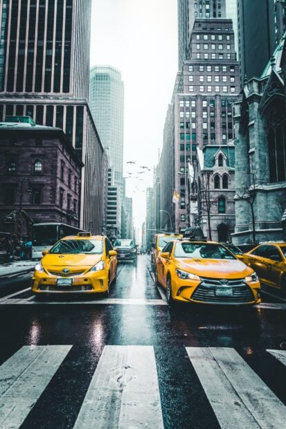 Yellow taxi cars waiting at a crosswalk on a rainy city street surrounded by tall buildings