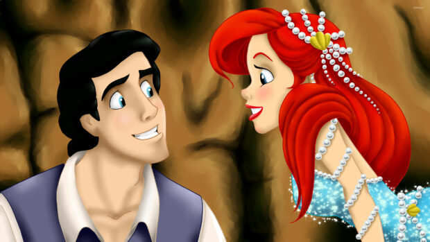 Ariel and Prince Eric from The Little Mermaid smiling at each other in a cave setting