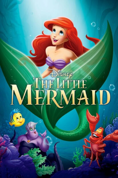 Ariel character from The Little Mermaid with her underwater friends swimming happily