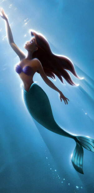 A brave little mermaid character swimming upward under the sea in deep blue water