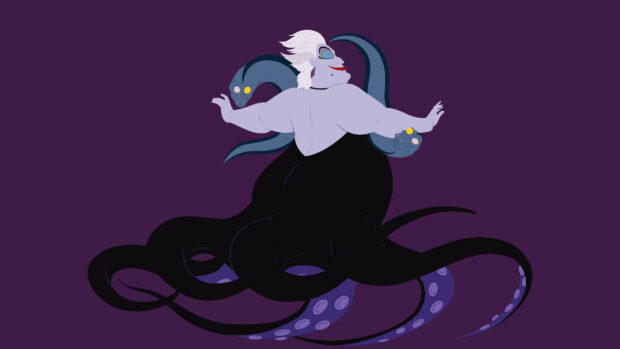 Ursula the sea witch character from The Little Mermaid with tentacles and eels on a purple background
