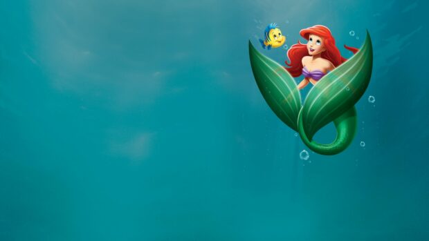 The little mermaid character swimming underwater with a fish companion