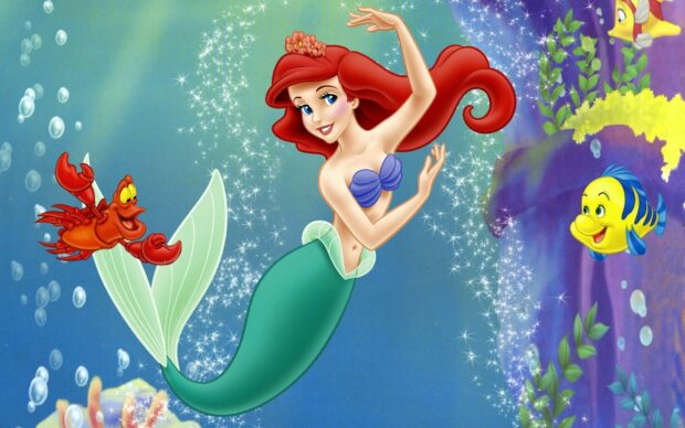 Ariel from The Little Mermaid swimming underwater with sea friends around her