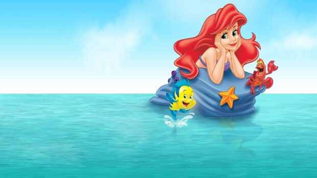 Ariel from The Little Mermaid with her friends near the ocean surface