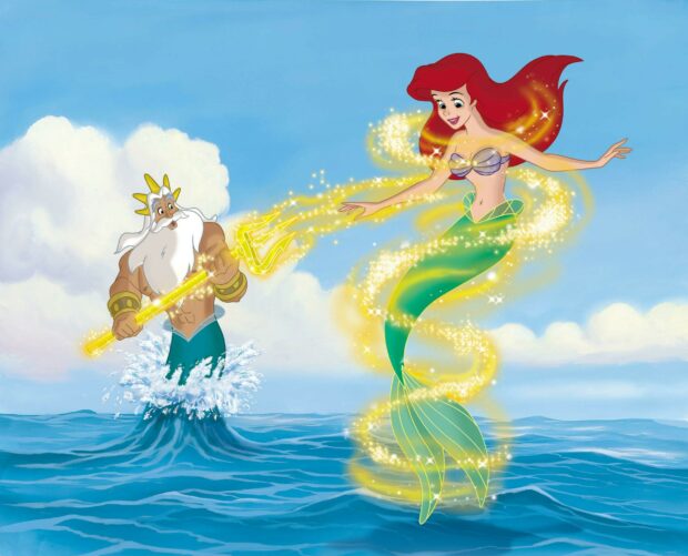 The little mermaid character joyfully interacting with the ocean king holding a glowing trident