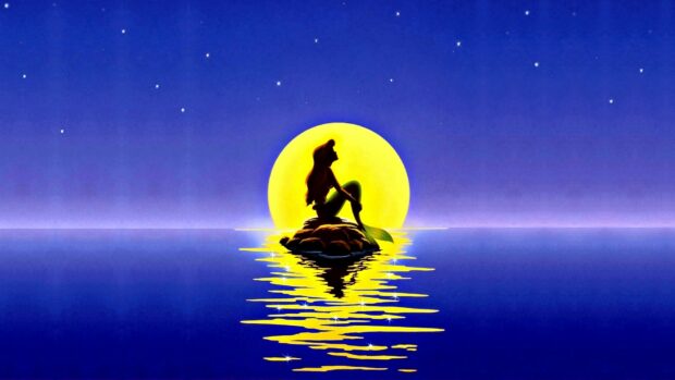 The little mermaid silhouette sitting on a rock under the moonlight