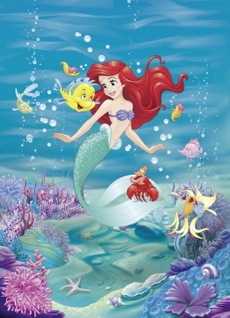 Ariel the little mermaid swimming underwater with colorful sea creatures and coral reefs