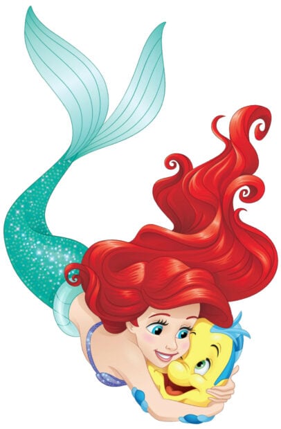 The little mermaid hugging her fish friend with bright red hair and turquoise tail