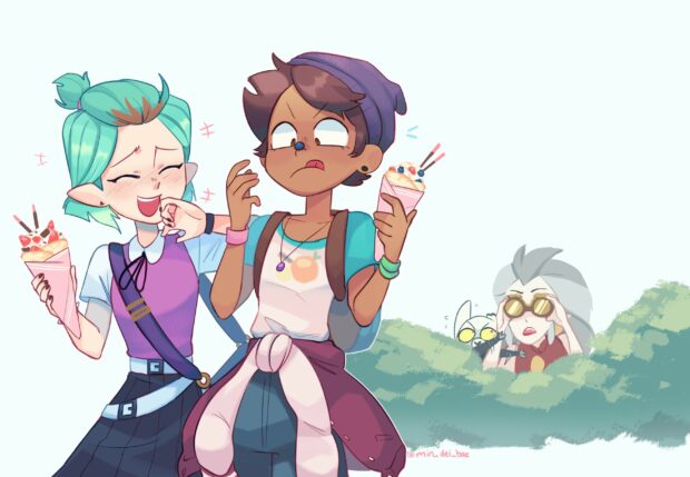 Luz and Amity enjoying desserts while Eda and King watch from bushes