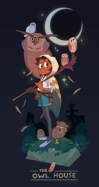 A character from The Owl House surrounded by multiple owls under a crescent moon at night