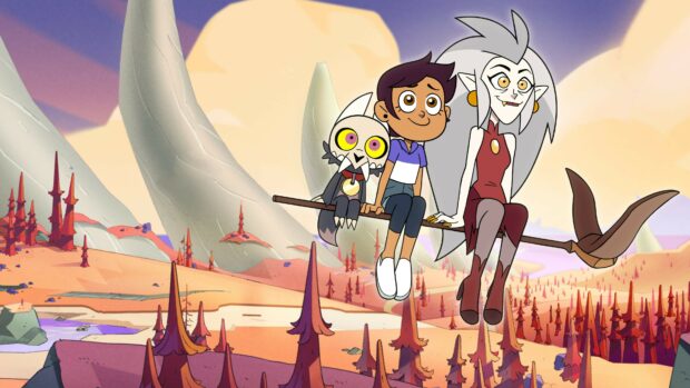 Luz and her friends enjoying a scenic view from a flying broomstick in the Owl House