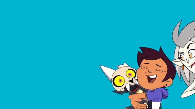 Luz hugging King with Eda smiling in the Owl House characters scene