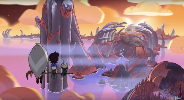 The Owl House characters flying on a broomstick over a magical landscape with large bones and cliffs