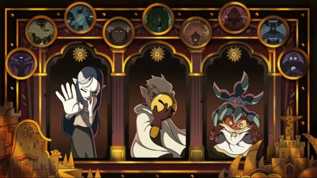 The Owl House characters posing in a dark ornate setting with mystical portraits above