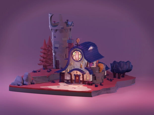 The Owl House fantasy style house with a tall tower and glowing windows in a purple setting