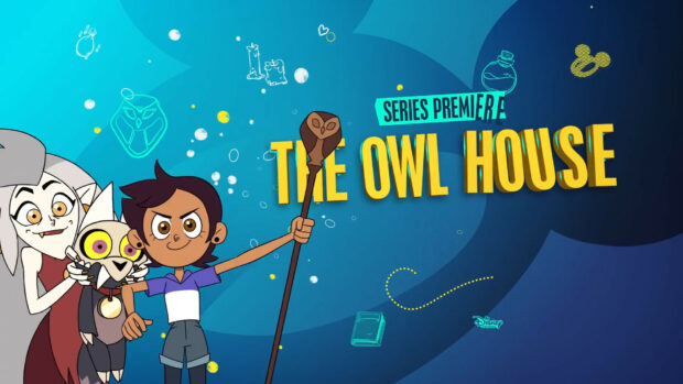 The Owl House main characters standing with a magical staff in a colorful scene