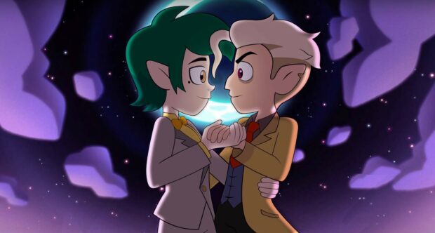 Two characters from The Owl House holding hands under a starry sky with floating purple rocks