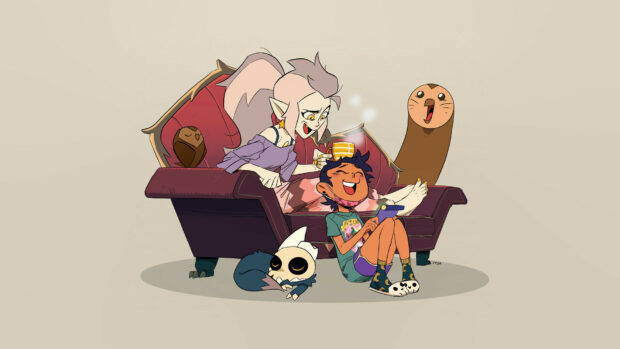 Luz and Amity enjoying tea together with friends on a couch from The Owl House
