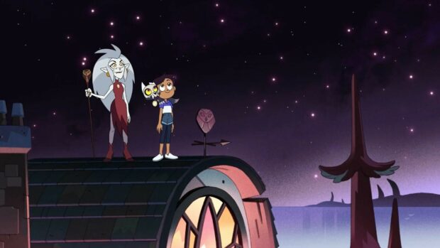 Luz and Eda characters from The Owl House standing on a rooftop under a starry night sky