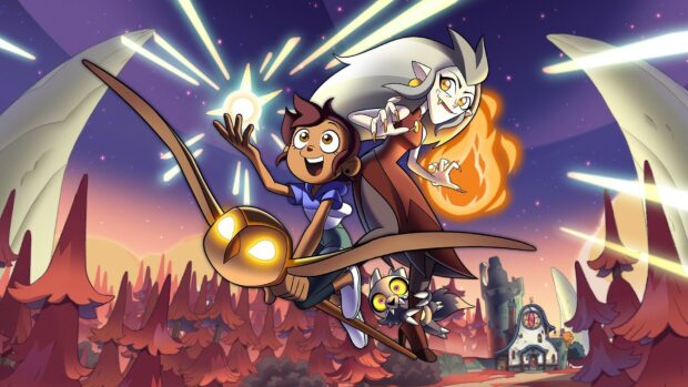 Luz and Eda from The Owl House flying on a magical owl through a forest at sunset