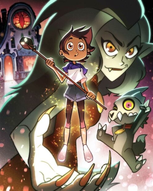 Luz standing with a magic staff and a small creature in a supernatural setting