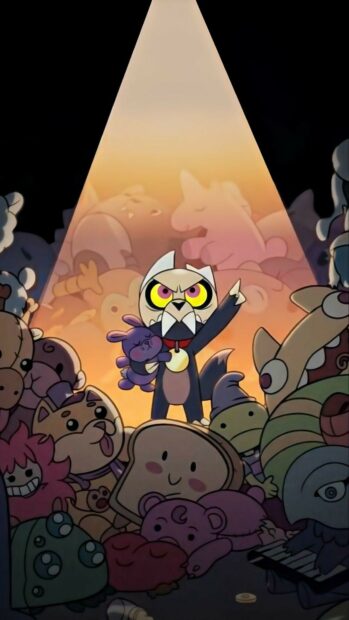 The Owl House character holding plush toy in spotlight among stuffed animals