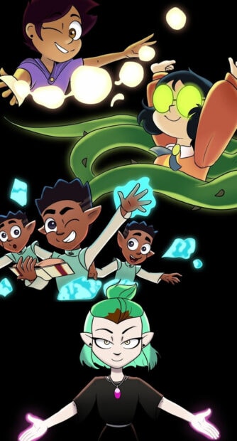 A group of Owl House characters using magic with glowing effects in a dynamic pose