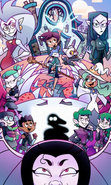 The Owl House characters gathered in front of the Owl House with magic and mystical elements surrounding them