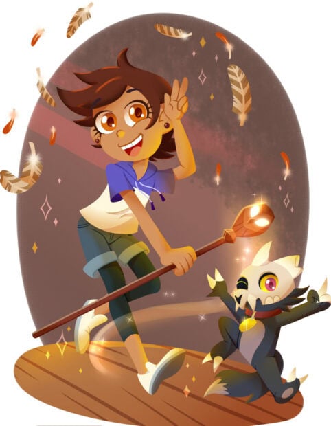 Young witch from The Owl House casting magic with a glowing staff and a playful demon companion