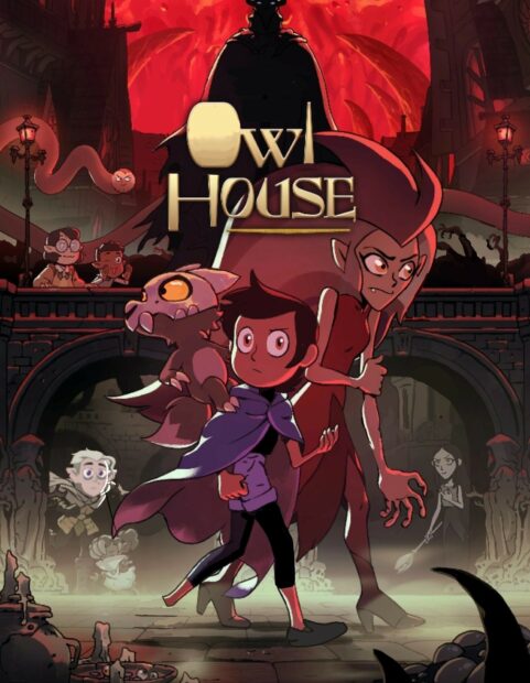 The Owl House characters face a dark shadowy figure in a mysterious magical setting