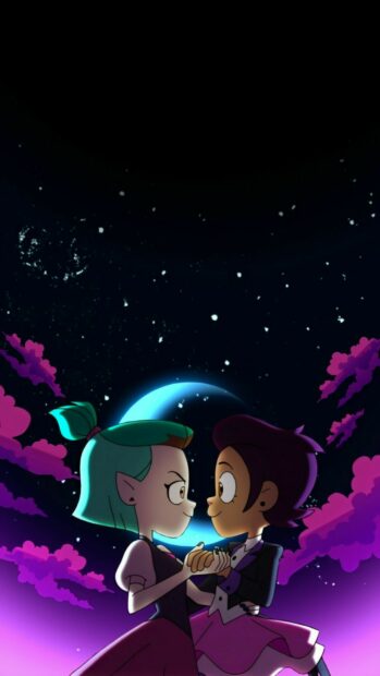 Luz and Amity holding hands under a starry night sky with a crescent moon