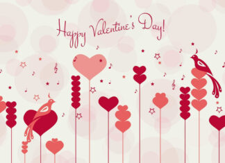Romantic Valentine's Day design with heart shapes and birds on a light background