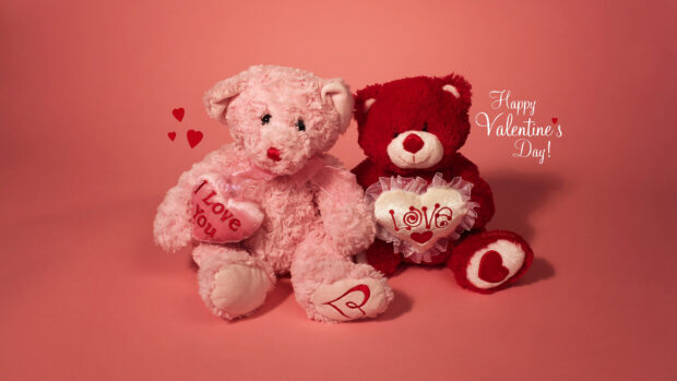 Two teddy bears holding love hearts for Valentine celebration on a pink background