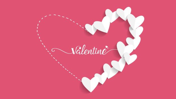 White heart shapes forming a Valentine design on a pink background with Valentine word in the center