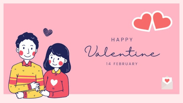 A happy couple celebrating love with Valentine designs and hearts on a pink background