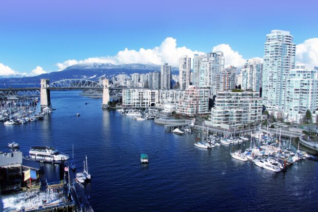 Vancouver cityscape with bridge and marina in Canada