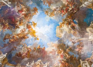 A detailed fresco with Versailles figures and clouds depicting mythological scenes