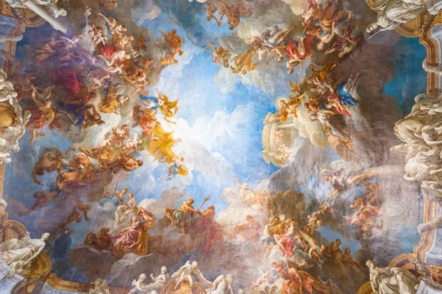 A detailed fresco with Versailles figures and clouds depicting mythological scenes