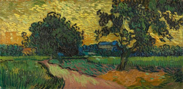 Vincent Van Gogh painting of a rural landscape with trees and a path under a vibrant yellow sky