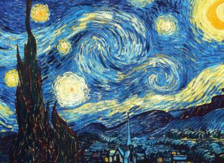 A swirling night sky over a quiet village created by Vincent Van Gogh