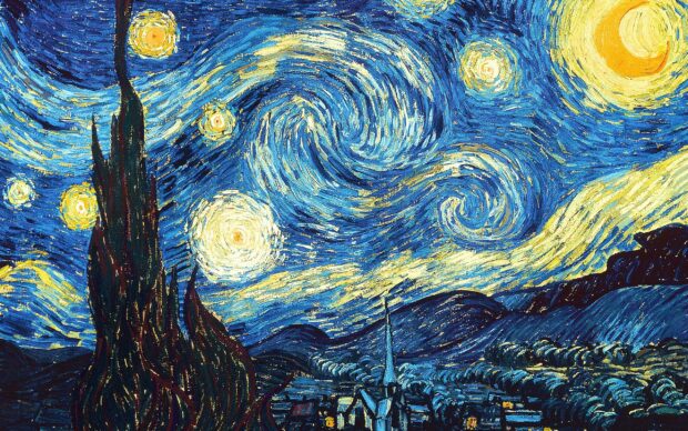 A swirling night sky over a quiet village created by Vincent Van Gogh