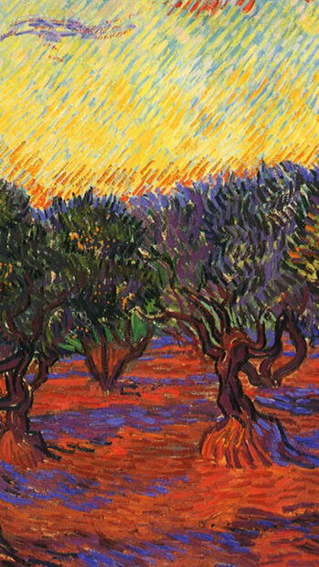 Vibrant Vincent Van Gogh painting of olive trees under a bright yellow sky